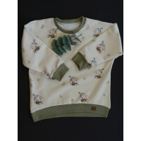 Oversize Sweater Bio Jersey, beige, Elefant, LederLabel, Handmade, B&uuml;ndchenstoff olivegr&uuml;n